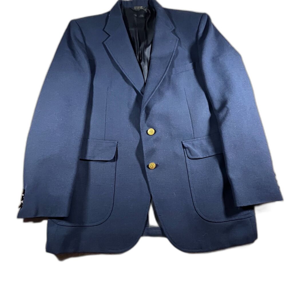 Mens Vintage 80s Stafford Navy Blue Blazer Sport Coat Gold Buttons Men's 42R